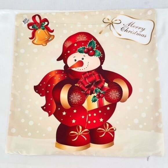 Christmas Snowman Pillow Cover 16x16 Red Gold Holly Gift Print Holiday Decor - Picture 2 of 11